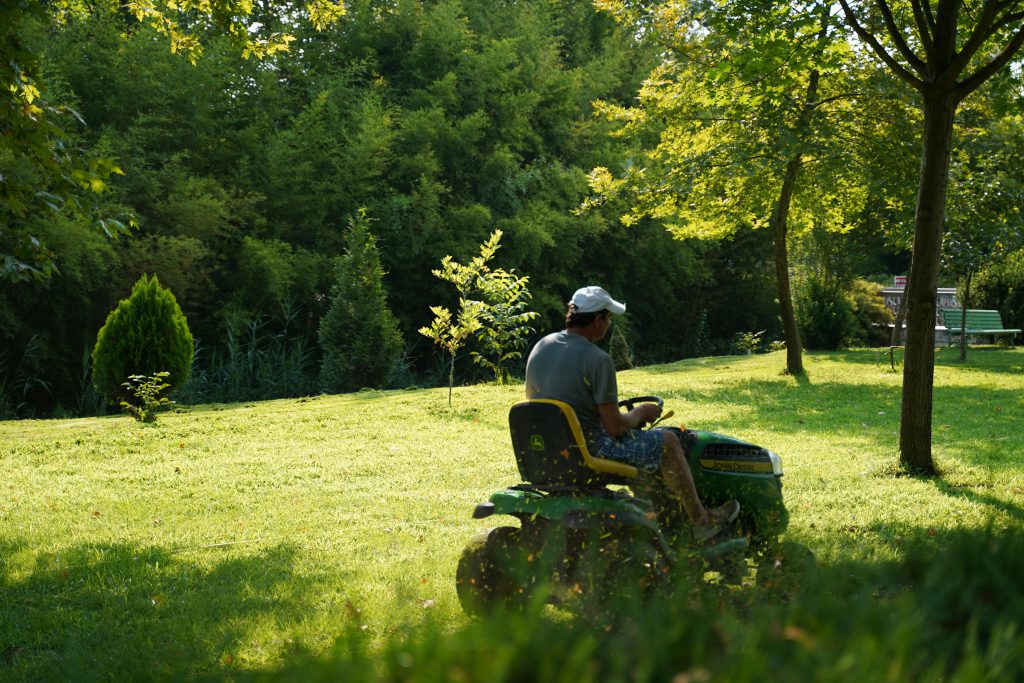 pexels-photo-12087398-12087398 A man operating a lawn mower on a sunny day in a lush green garden, surrounded by trees and foliage.